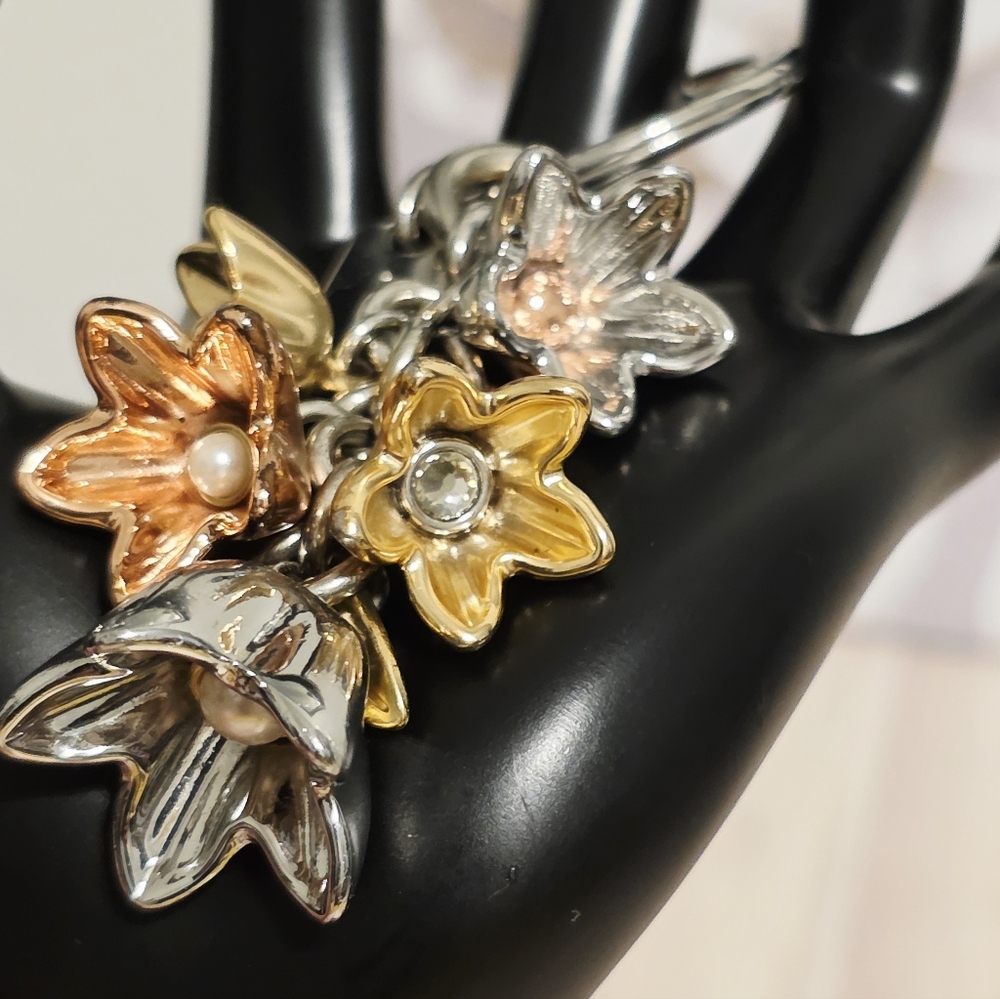 Coach Wildflowers Floral Keychain Bag Purse Charm Silver Rose Gold Tea Leaves - Picture 2 of 7